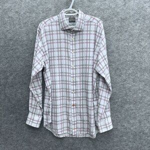 Thomas Dean Men's Long Sleeve Button Up Shirt XL 100% Cotton, Purple Gray Plaid